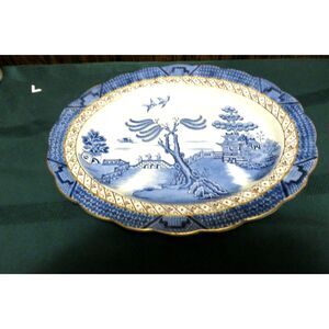 Vintage Booths Real Old Blue Willow Oval Serving Platter 12"  Gold Trim